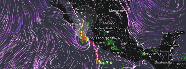 Hurricane Simon's cone, track and intensity markers off Mexico, with wind particles circling the storm