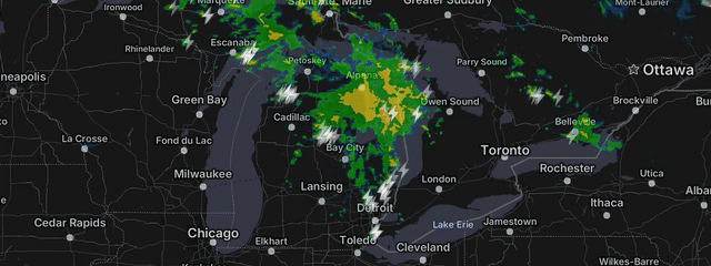 Radar loop with lightning across the Great Lakes