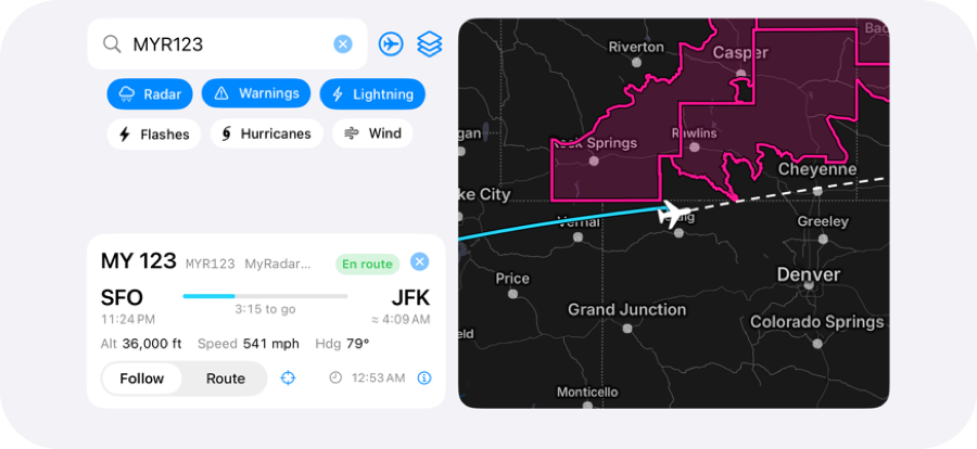 Landscape: controls and flight card on the left, map on the right