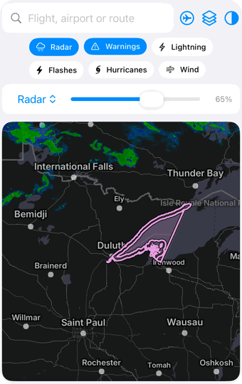 Dragging the radar slider from 65 to 0 and back to 100 percent, then switching the picker to Warnings and raising it to 100