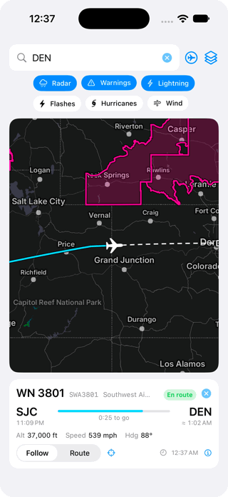 Switching to the route view, then turning on hurricanes and wind