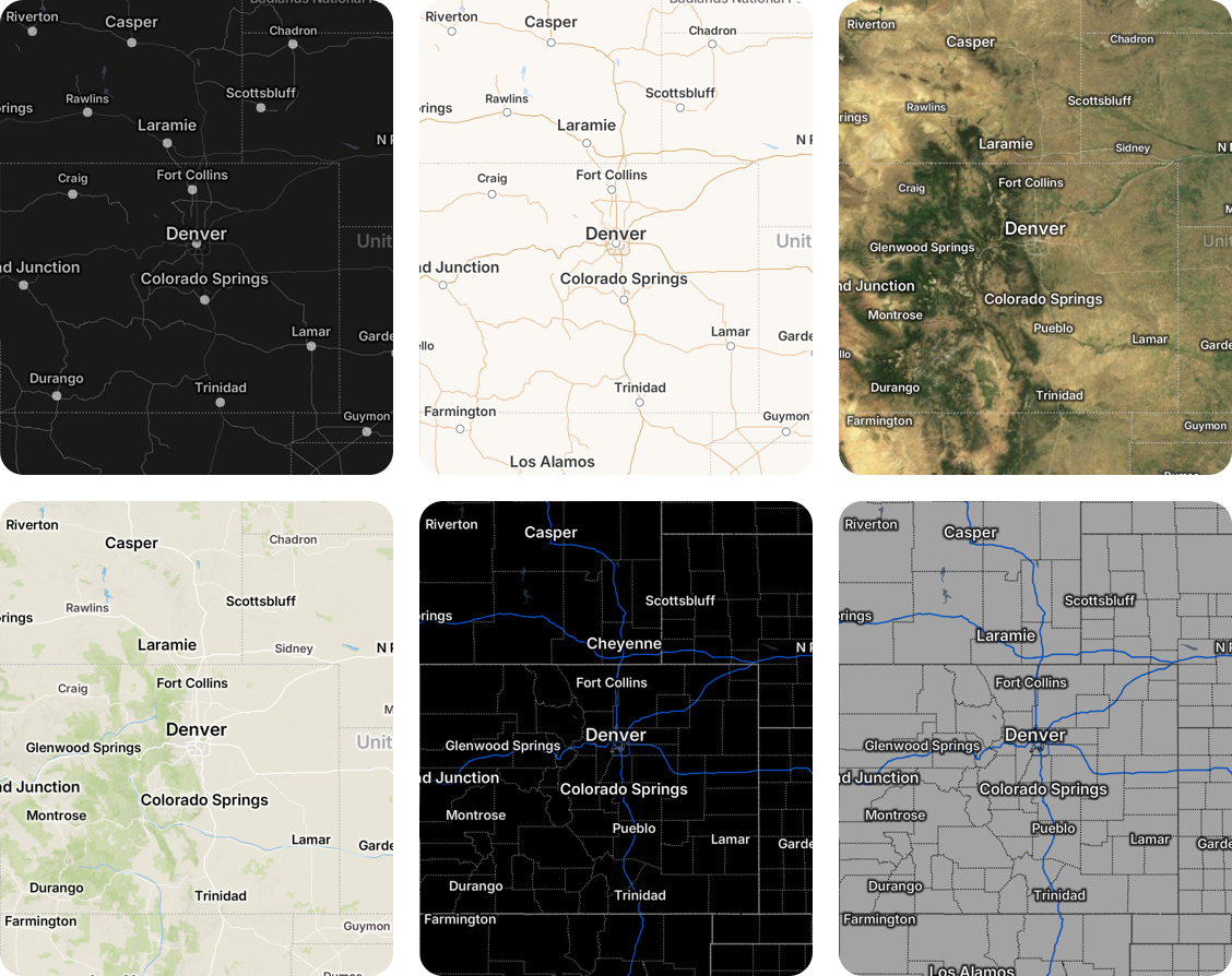 Gray, Roads, Aerial, Topographic, Dark and Light base maps