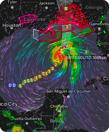 Hurricane cone and track with wind particles and warning polygons