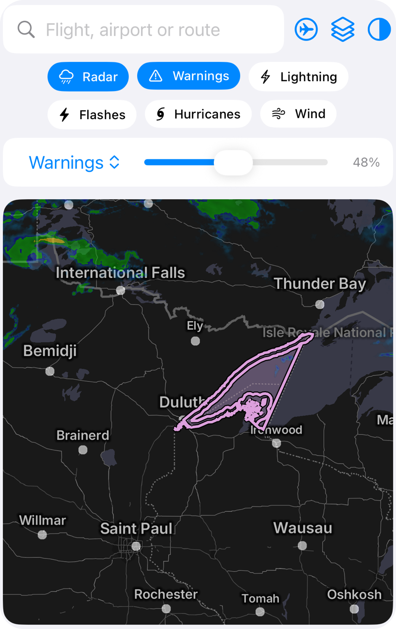 The demo app's opacity row: a layer picker and slider above the map, with warnings at 48 percent