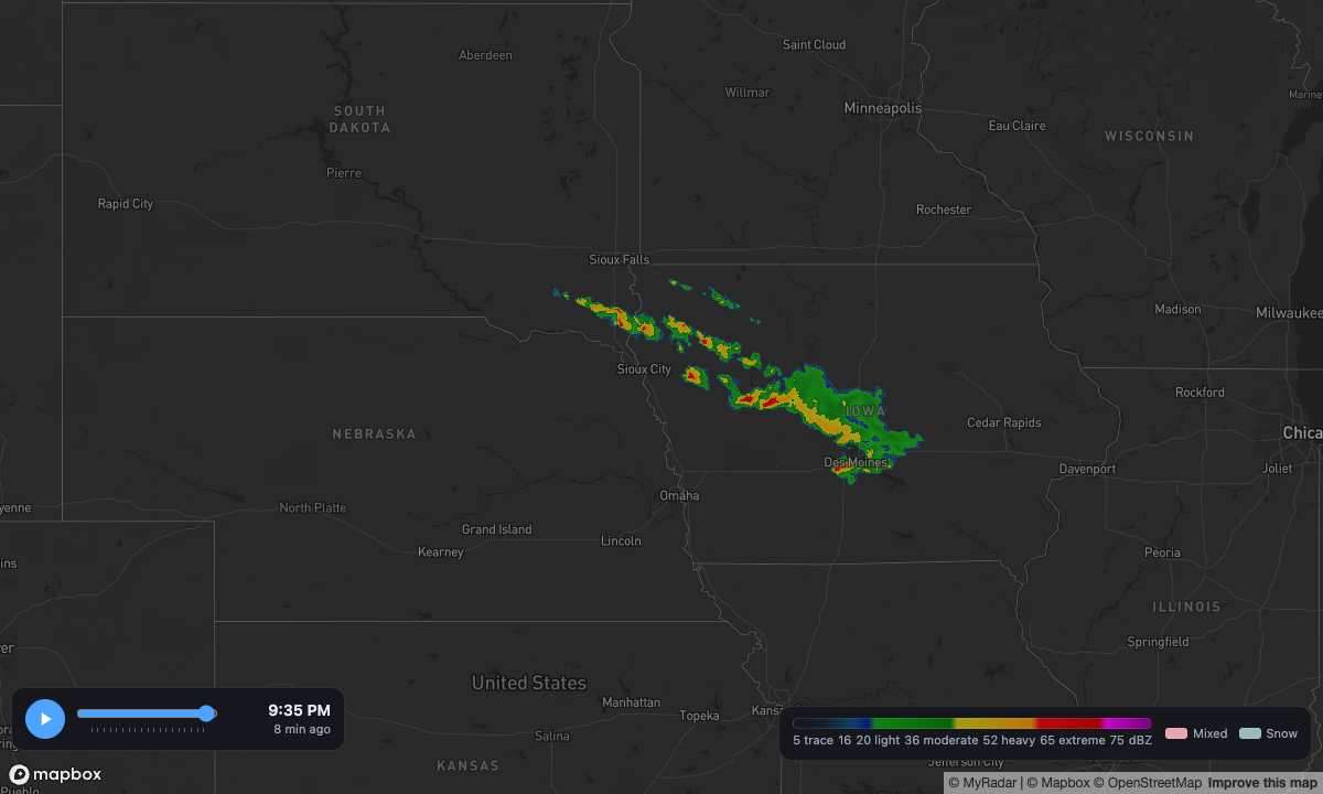 The time slider and radar legend on the map