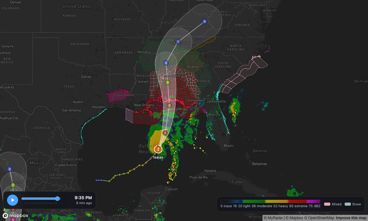 A hurricane with its forecast track and cone