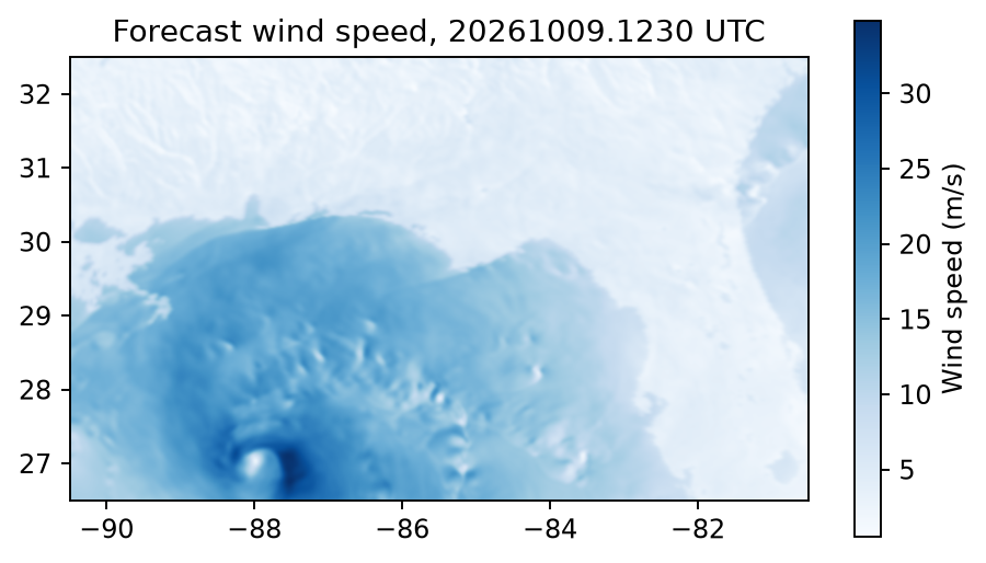 Forecast wind speed over the northeastern Gulf of Mexico, three hours ahead, plotted from the NetCDF file